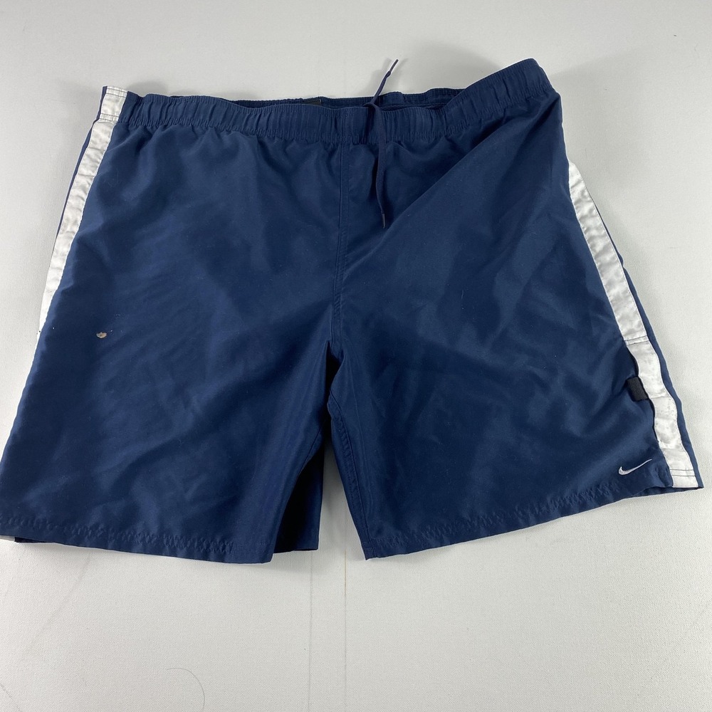 Nike Shorts Mens 2XL Navy Blue White Swoosh Lined Swim Trunks Athletic Polyester